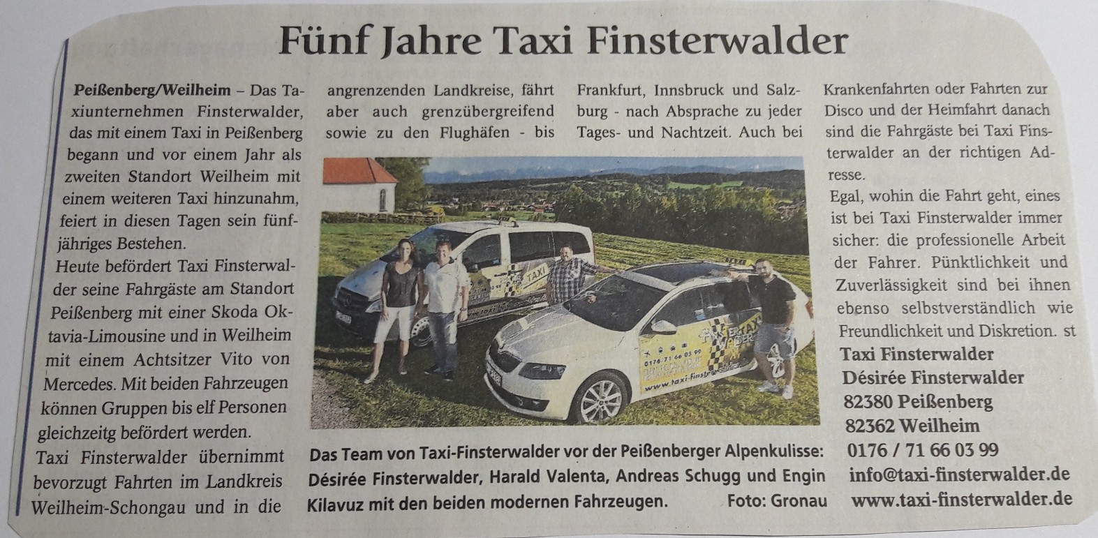 Foto eines Zeitungsartikel in dem es um "Fünf Jahre Taxi Finsterwalder" geht